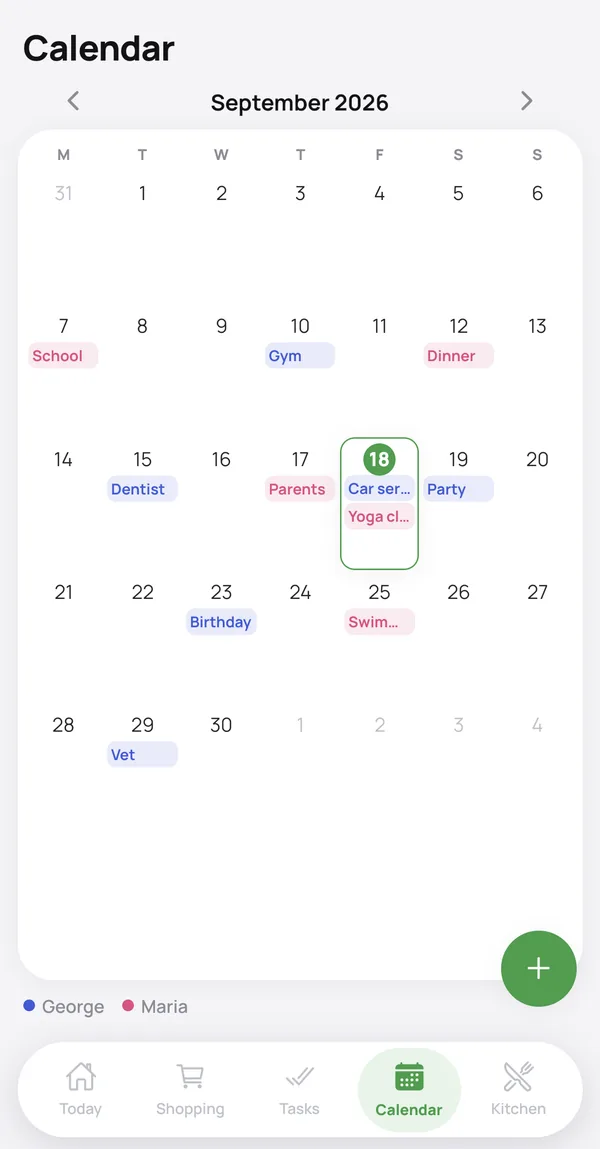 The shared family calendar with colour-coded events