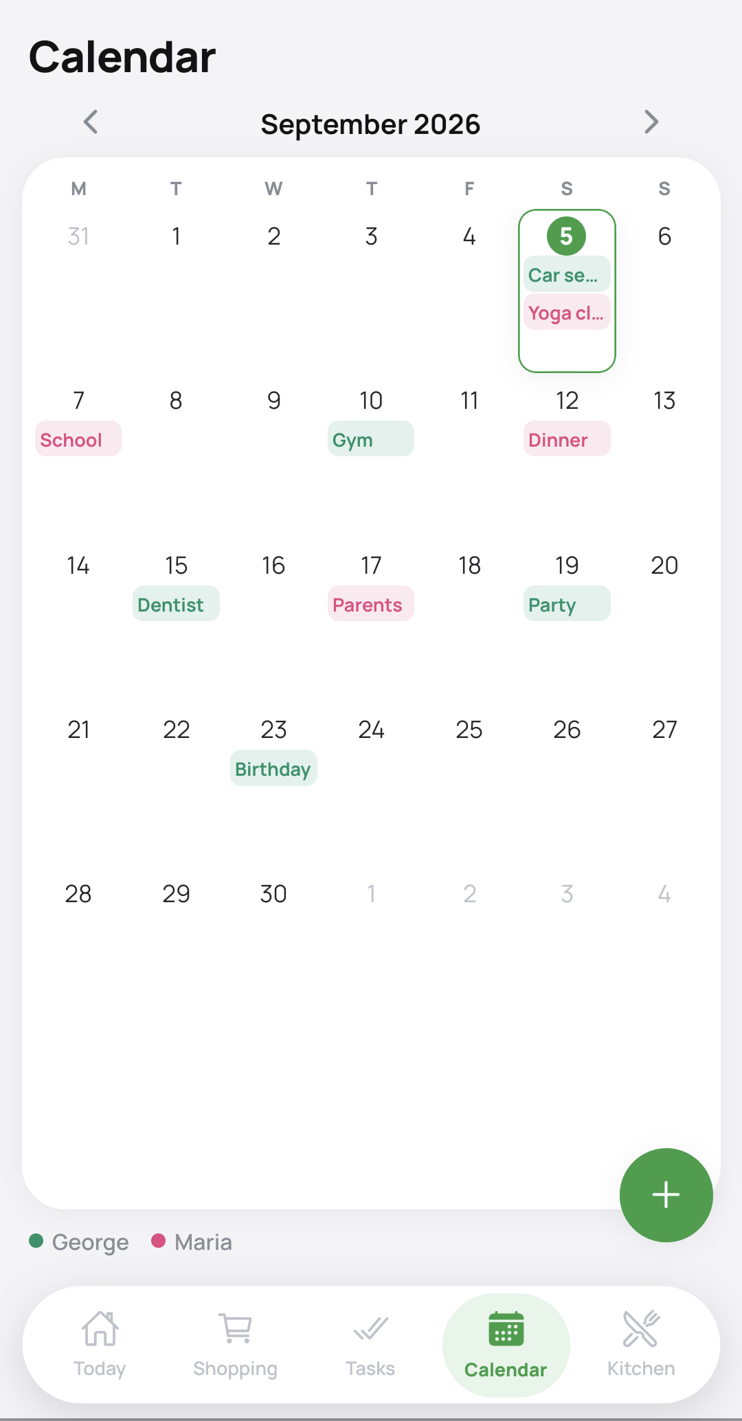 The shared family calendar with colour-coded events