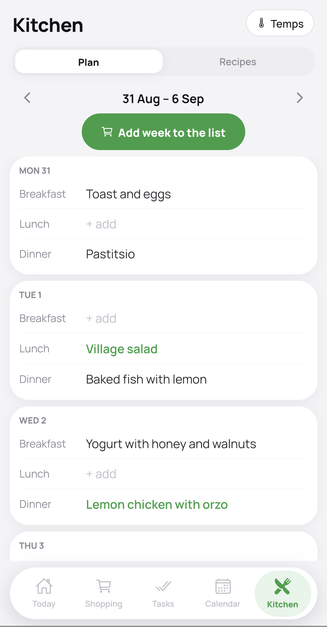 The kitchen screen with the week's meal plan and a button that adds the whole week to the shopping list