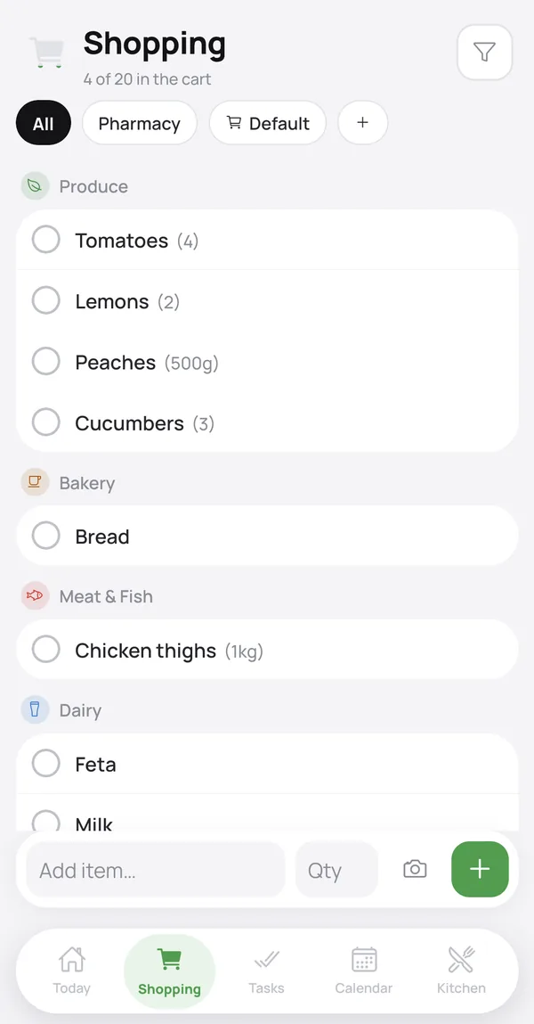 The shopping list grouped into produce, bakery, meat and fish and dairy, with Pharmacy and Default shop filters and the add bar at the bottom