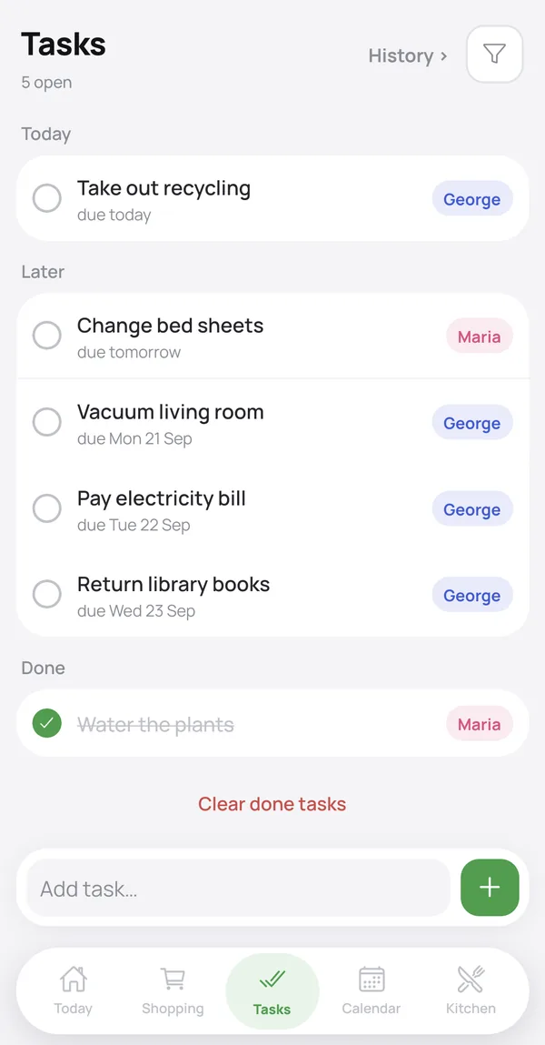 The tasks screen, grouped into today, later and done, each task showing who it belongs to