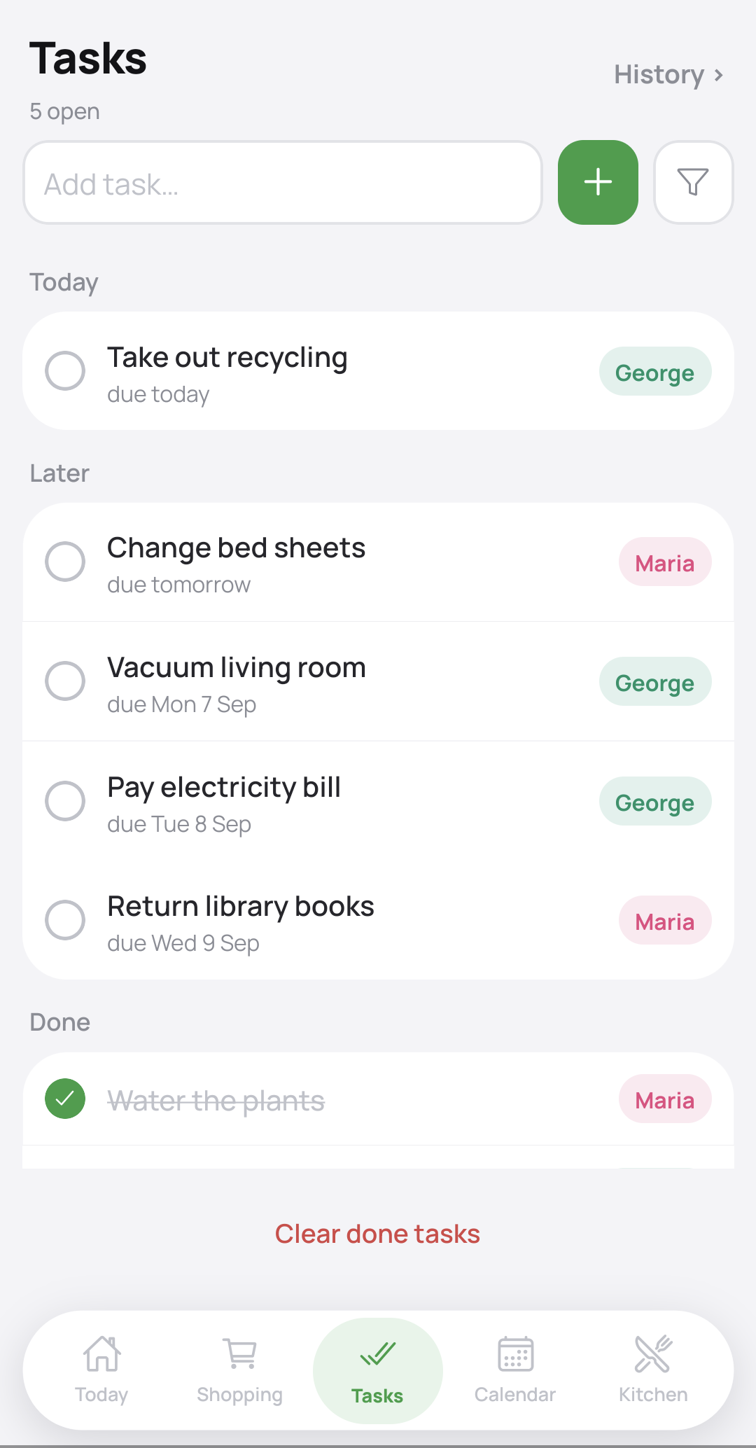 The tasks screen, grouped into today, later and done, each task showing who it belongs to