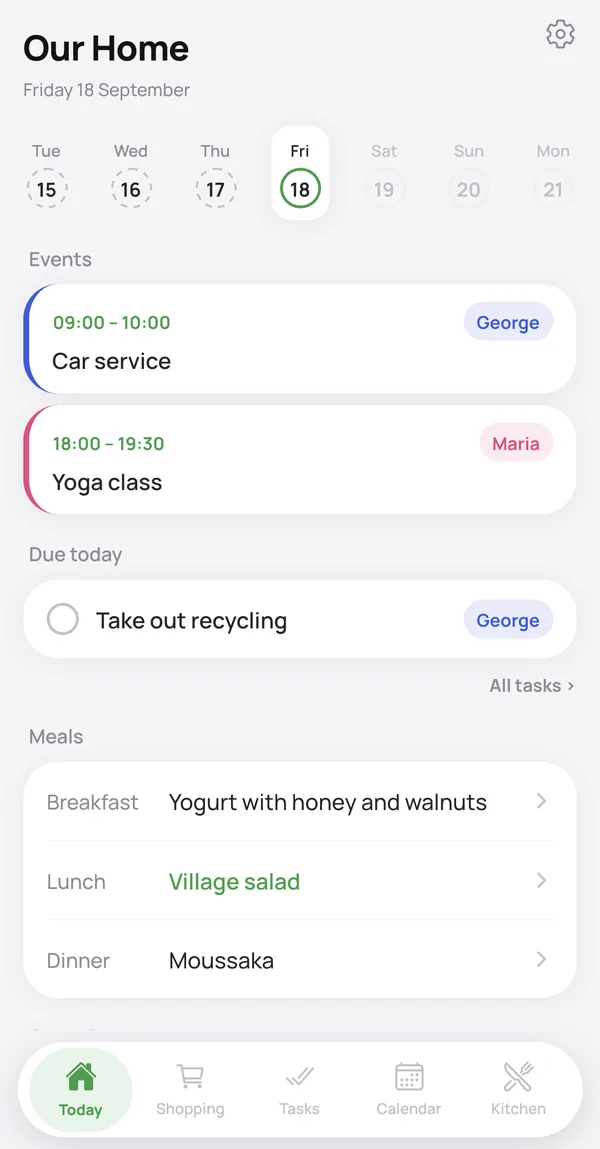 The Today screen in the light theme, showing the day's events, what is due and the meals
