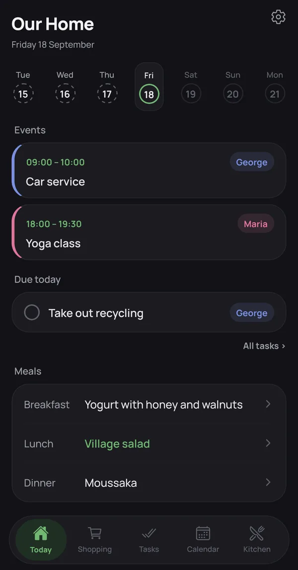 The same Today screen in the dark theme