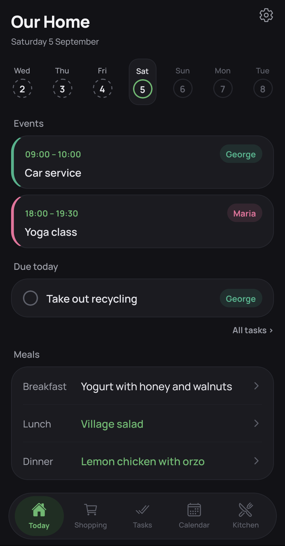 The same Today screen in the dark theme
