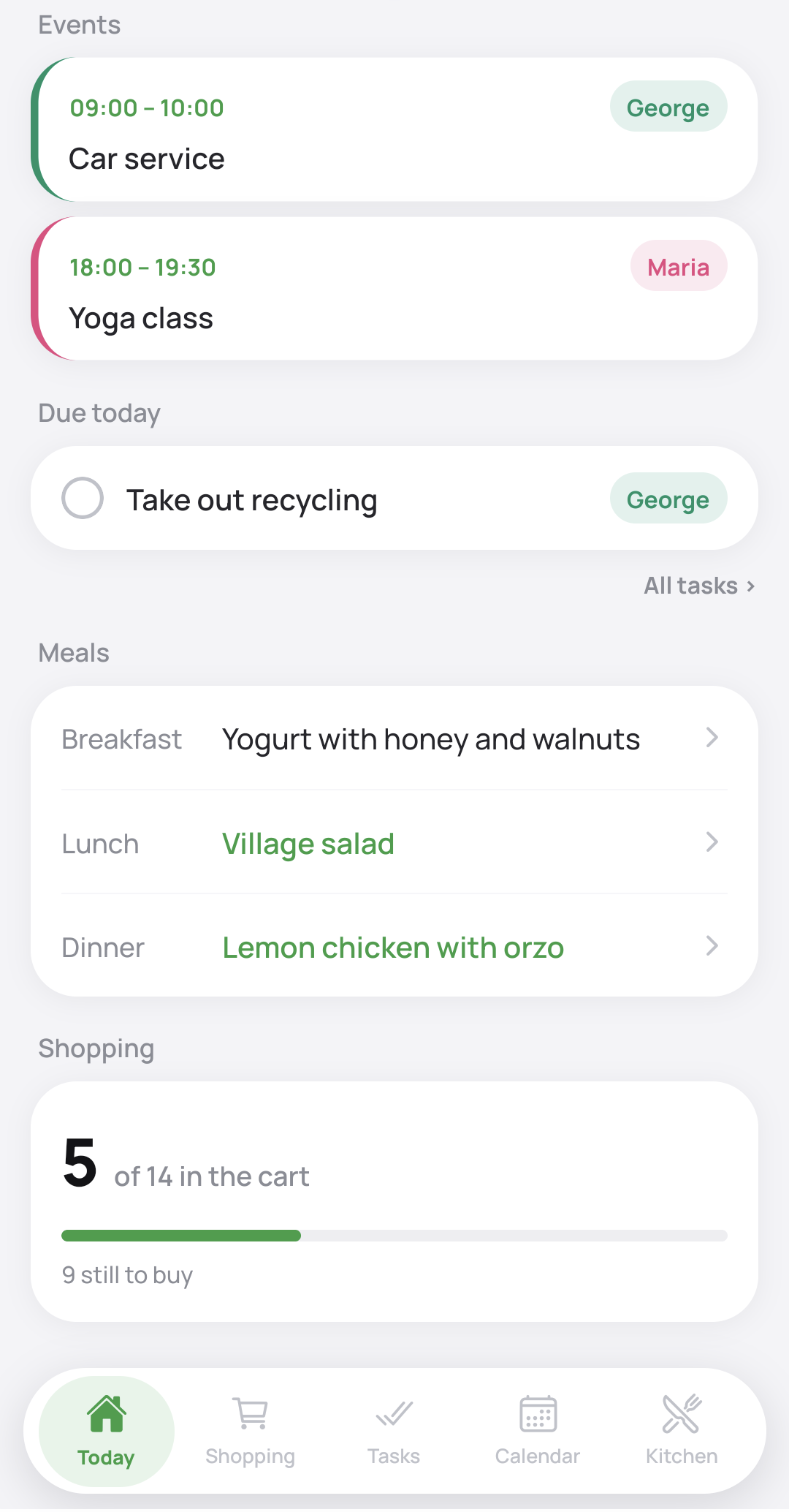 The Today screen in the light theme, showing the day's events, tasks, meals and shopping progress